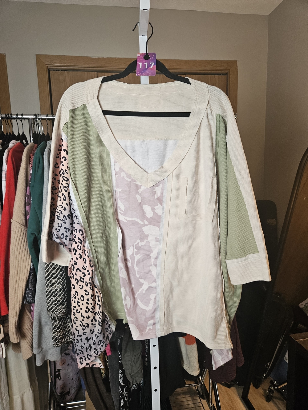 Mixed-Panel V-Neck Tunic in Cream, Sage & Light Pink